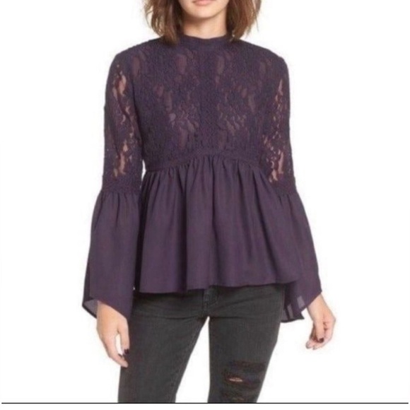 Sun & Shadow Lace Inset Peplum Top Bell - Picture 2 of 6